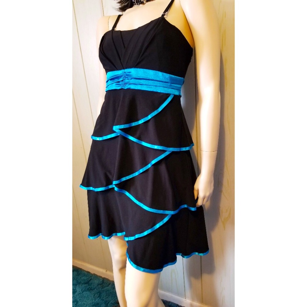 Vintage 90s Black & Turquoise Tiered Ruffle Babydoll Party Prom Dress